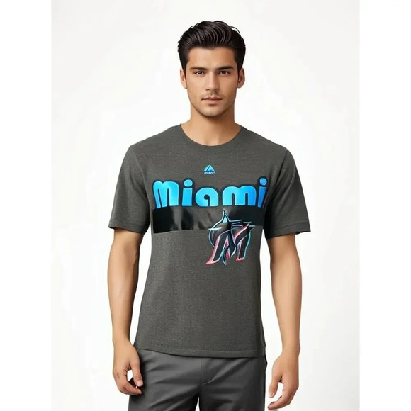NWT Majestic Miami Marlins Men's‎ Gray MLB Logo T-Shirt Size Small Short Sleeve - Picture 1 of 5